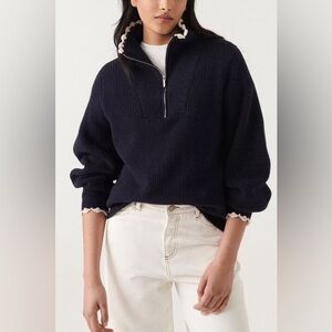 ba&sh Omid Scallop Trim Half Zip Sweater in Marine / Size S